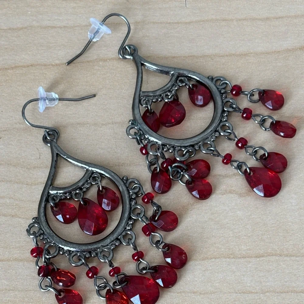 Crimson Red Chandelier Earrings with Teardrop Beads / silver tone wires - Picture 3 of 7